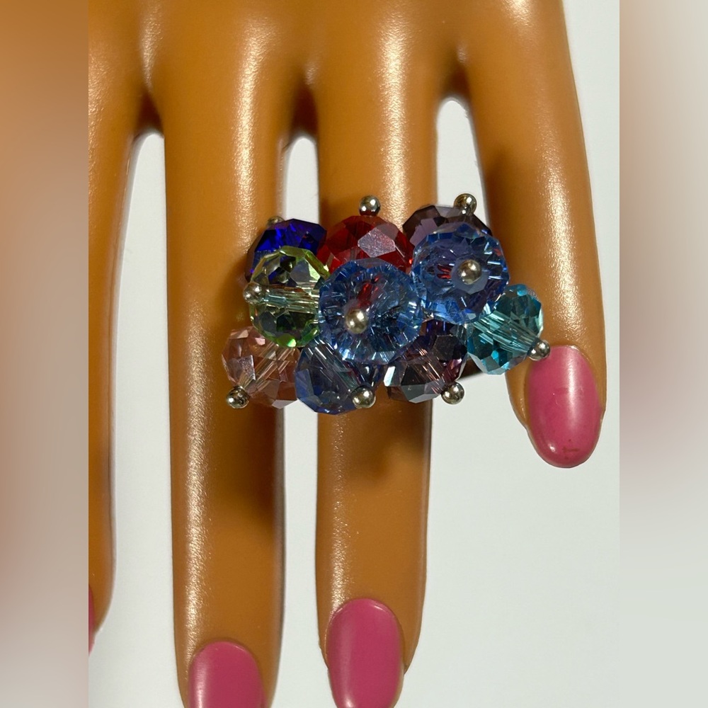 Vibrant Crystal Cluster Statement Ring Adjustable Prismatic Cocktail Jewelry